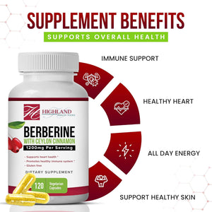 Berberine 1200mg with Ceylon Cinnamon - Berberine HCL and True Cinnamon for Blood Sugar and Metabolic Support - Non-GMO and Vegan Formula - Natural Support for Healthy Lifestyle