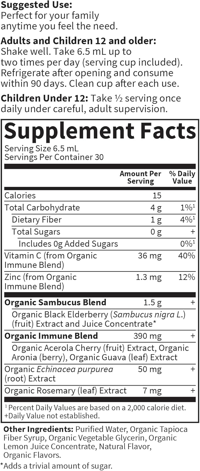 Garden of Life Organics Plant-Based Elderberry Immune Syrup 6.59 fl oz (195 Ml) for Kids &amp; Adults: Sambucus, Echinacea, Zinc &amp; Vitamin C, 0g Sugar, Organic Vegan Gluten Free Herbal Supplement