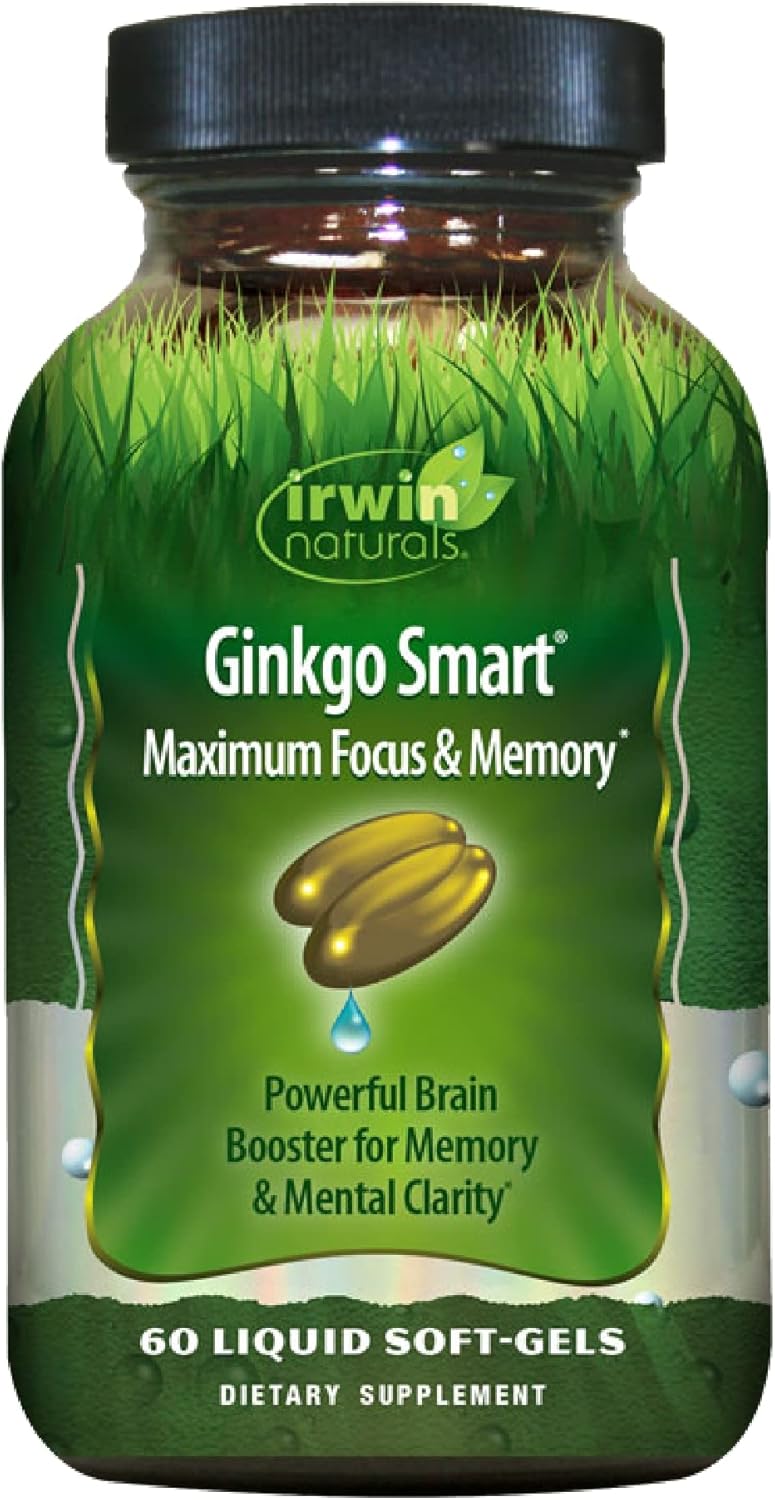 Irwin Naturals Ginkgo Smart Powerful Nootropic Brain Booster - Supports Maximum Memory, Focus &amp; Mental Clarity with DMAE, Clubmoss, Choline &amp; Acetyl L-Carnitine - 60 Liquid Softgels