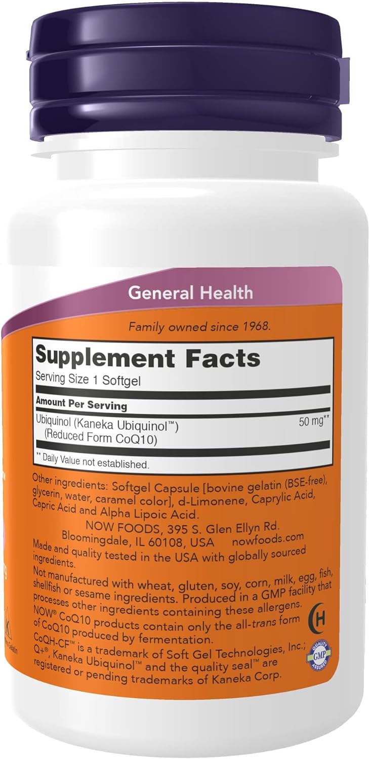 NOW Foods Supplements, Ubiquinol CoQH-CF™ (the Active Form of CoQ10 - 50 mg with Superior Bioavailability), 60 Softgels