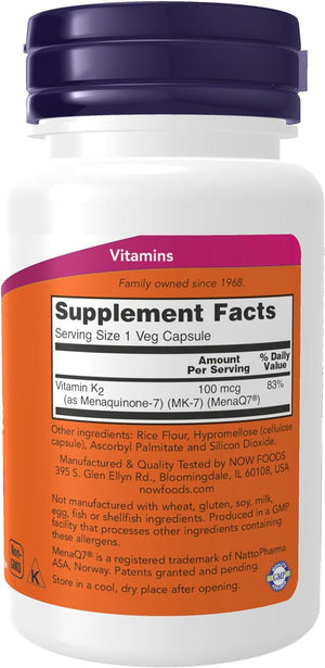 NOW Supplements, MK-7 Vitamin K-2 100 mcg, Cardiovascular Support*, Supports Bone Health*, 60 Veg Capsules