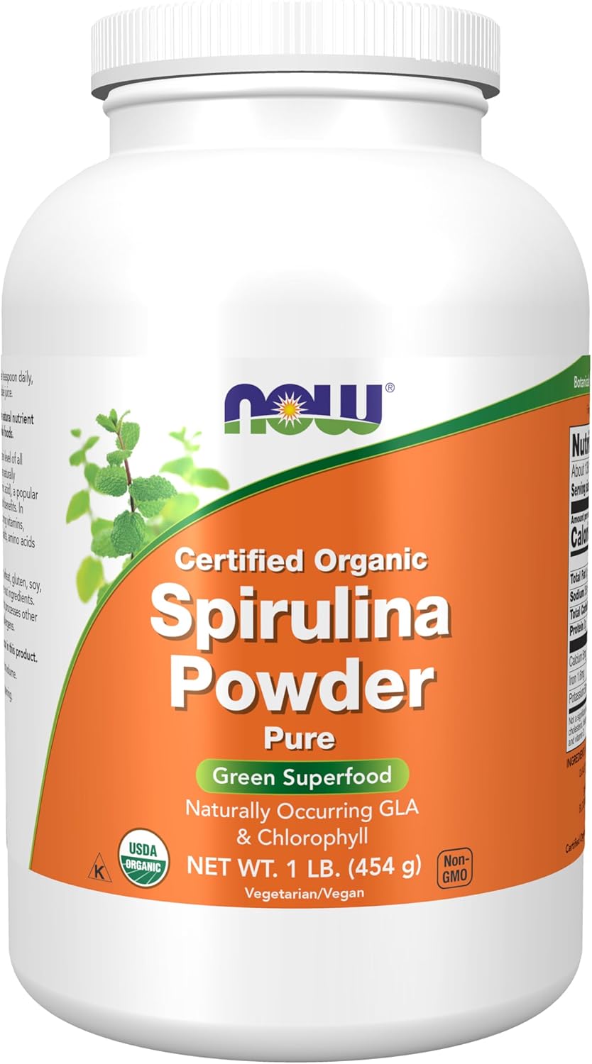 NOW Foods Supplements, Certified Organic, Spirulina Powder, Rich in Beta-Carotene (Vitamin A) and B-12 with naturally occurring GLA &amp; Chlorophyll, 1-Pound