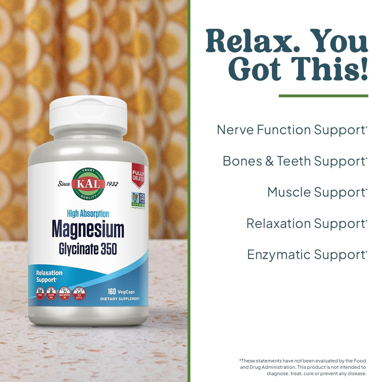 KAL Magnesium Glycinate 350, 160 VegCaps