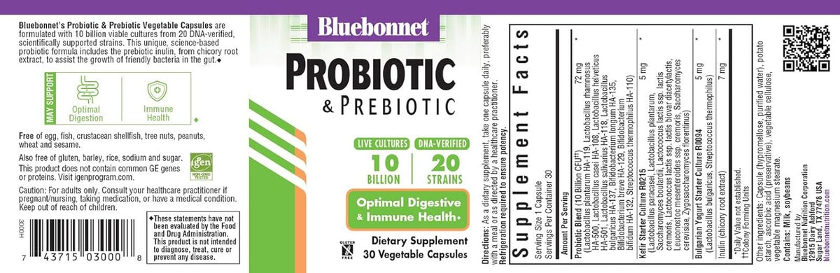Bluebonnet Nutrition Probiotic &amp; Prebiotic, 10 Billion CFU, Supports Immune Health*, Aids in Digestive Health*, Gluten-Free, Non-GMO, 30 Vegetable Capsules, 30 Servings
