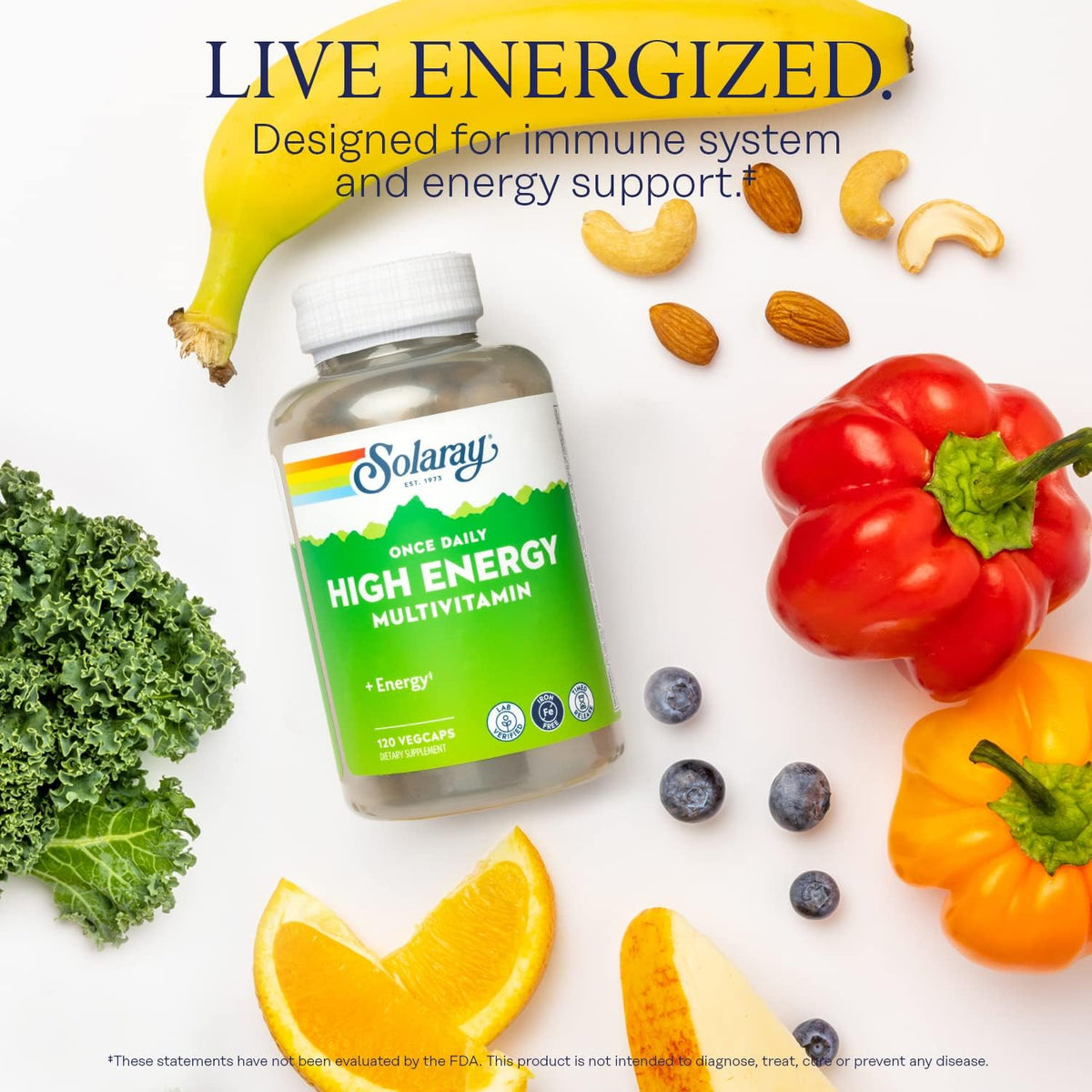 SOLARAY High Energy Multivitamin, No Iron, 1/Day, Timed-Release Formula, Whole Food &amp; Herb Base 120 VegCaps