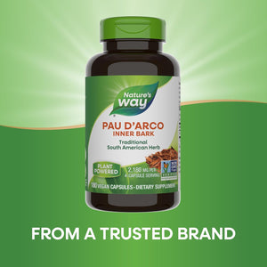 Nature's Way Pau d'Arco Inner Bark, Traditional South American Herb, 2,180 mg per 4-Capsule Serving, Non-GMO Project Verified, 180 Capsules