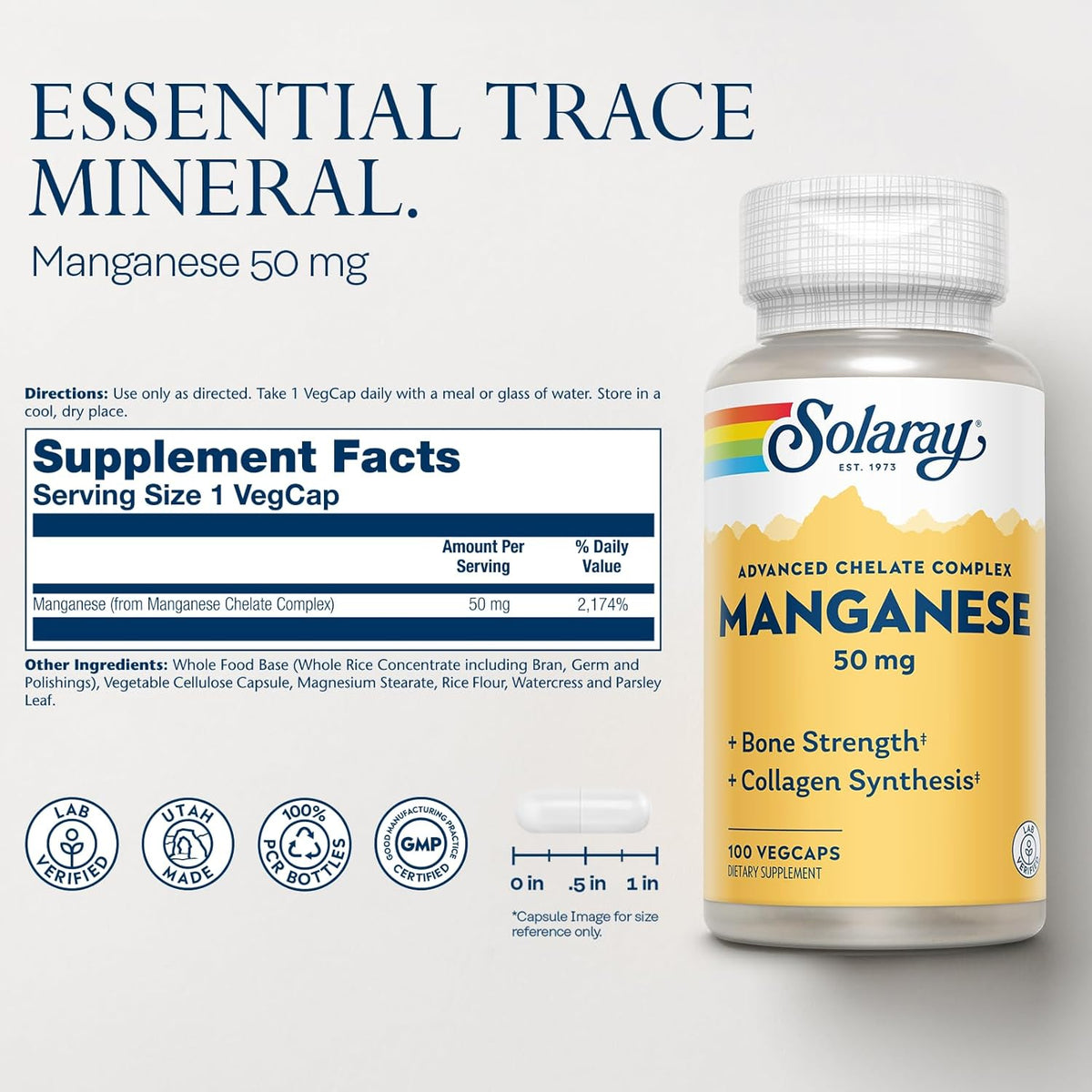SOLARAY Manganese Supplement 50 mg - Essential Trace Minerals - Advanced Trace Mineral Supplements for Bone Strength and Bone Health Support - Lab Verified, 60-Day Guarantee, 100 Servings, 100 VegCaps