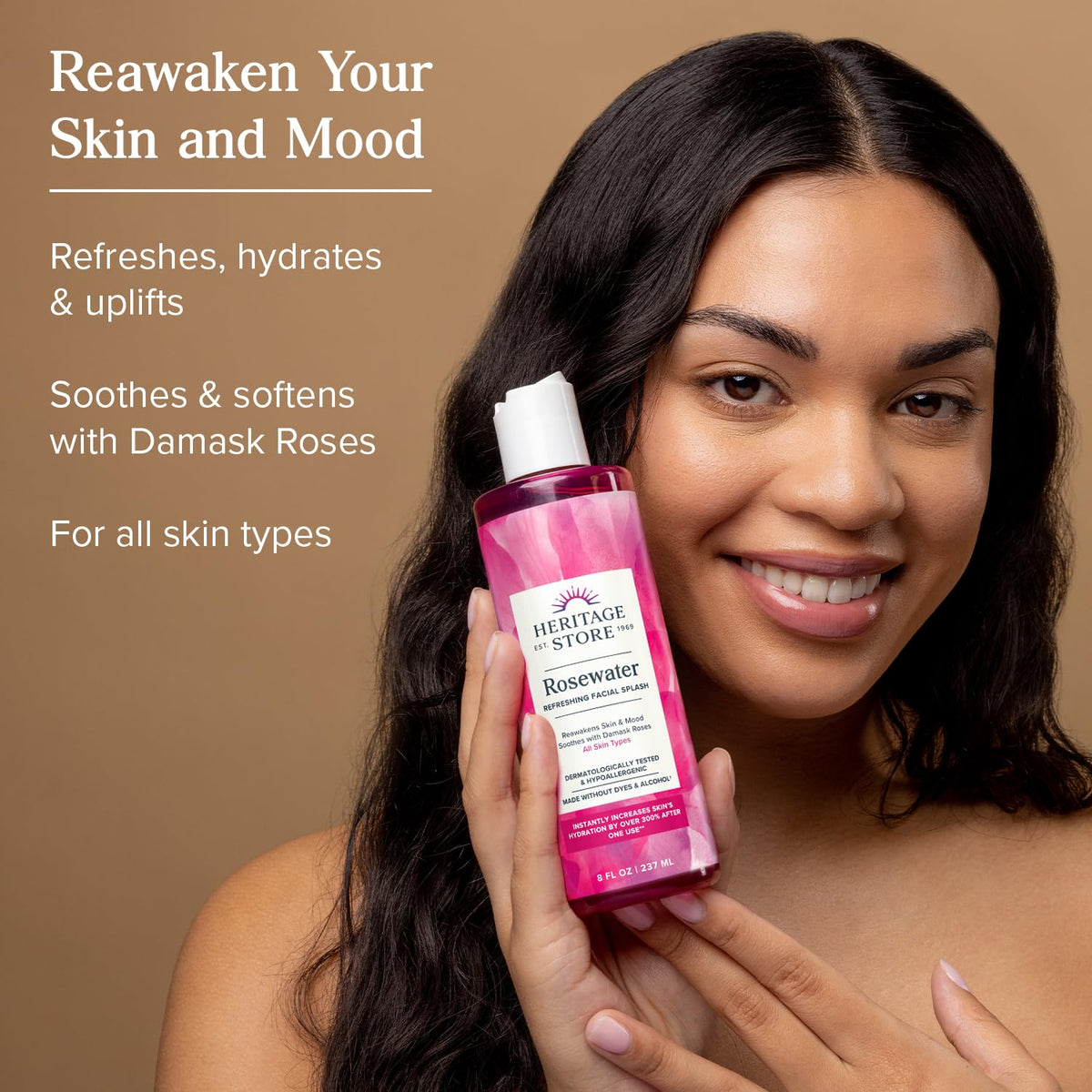 HERITAGE STORE Rosewater - Refreshing Splash for Glowing Skin with Damask Rose - All Skin Types - Hydrating Rose Water for Face - Made Without Alcohol, Hypoallergenic, Vegan, 60-Day Guarantee, 4oz