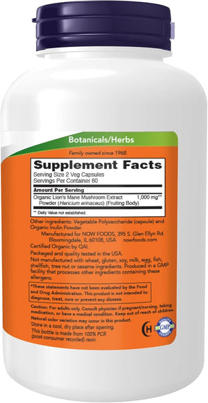 NOW Foods Supplements, Lion's Mane 500 mg, Super Mushroom, Made with Organic Lion's Mane Mushrooms, 120 Veg Capsules