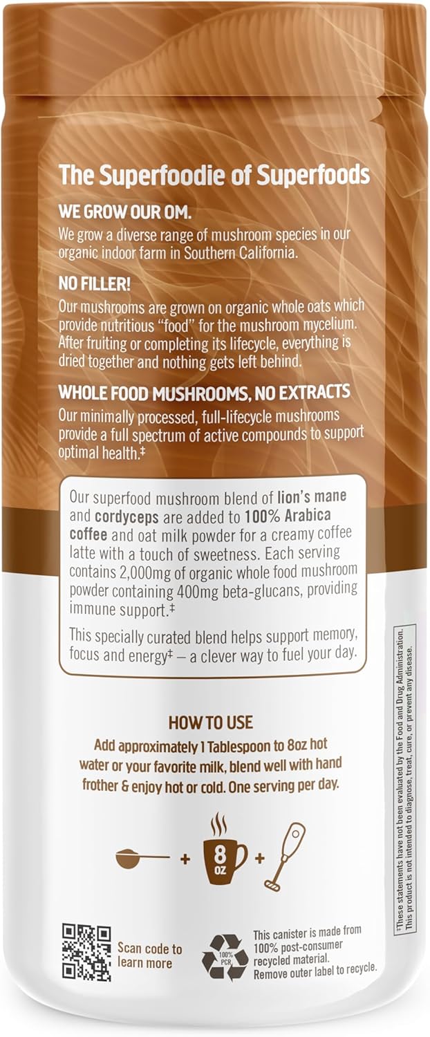 OM MUSHROOM SUPERFOOD Coffee Latte Blend Mushroom Powder, 8.47 Ounce Canister, 30 Servings, Lion&#39;s Mane, Cordyceps, Reishi, Chaga, Energy &amp; Mental Clarity Support Supplement