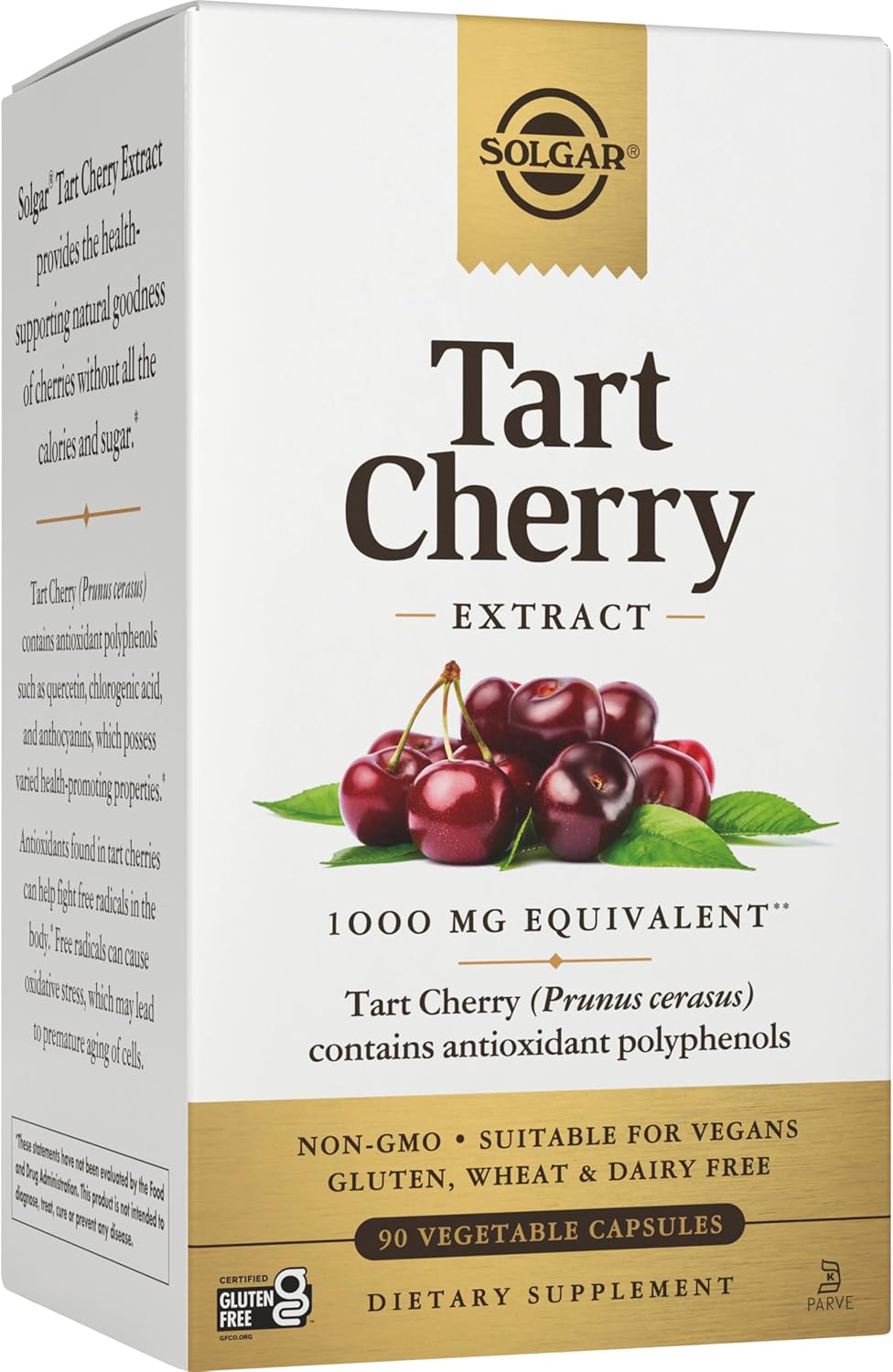Solgar Tart Cherry 1000 mg, 90 Vegetable Capsules - Antioxidant with Quercetin, Chlorogenic Acid &amp; Anthocyanins Compounds - Non-GMO, Vegan, Gluten Free, Dairy Free - 90 Servings