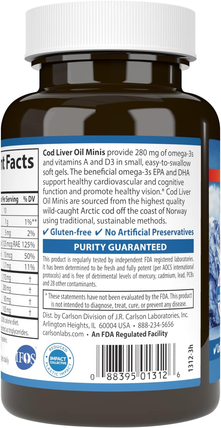 Carlson - Cod Liver Oil Minis, 280 mg Omega-3s + Vitamins A &amp; D3, Heart Support &amp; Cognitive Function, Vision Health, 250 Mini Soft Gels