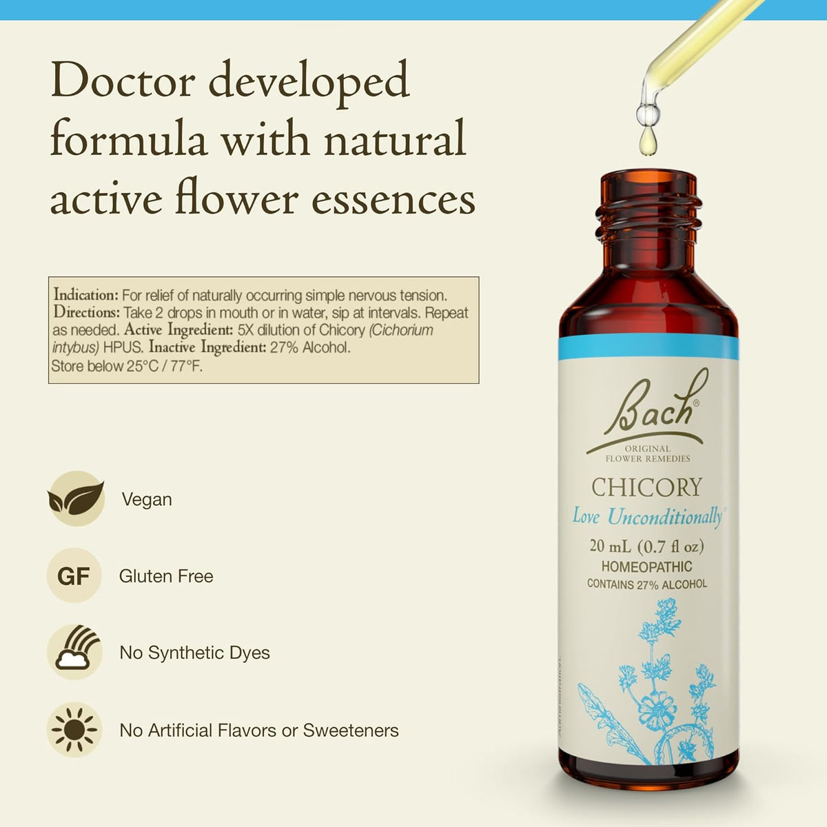 Bach Original Flower Remedies, Chicory - Love Unconditionally - Natural Homeopathic Flower Essence for Emotional Balance - Vegan, Gluten Free, Sugar Free - 20mL Dropper