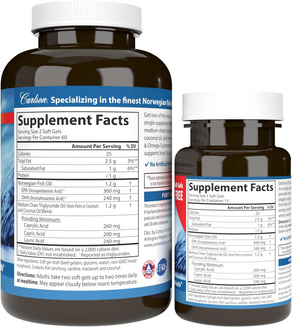 Carlson - MCT &amp; Omega-3, Coconut Oil, Caprylic &amp; Capric Acids, EPA &amp; DHA, Energy Production, Fat Metabolism &amp; Brain Health, 120+30 Softgels