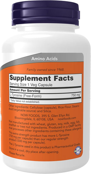 NOW Foods Supplements, L-Tyrosine 750 mg, Supports Mental Alertness*, Neurotransmitter Support*, 90 Veg Capsules