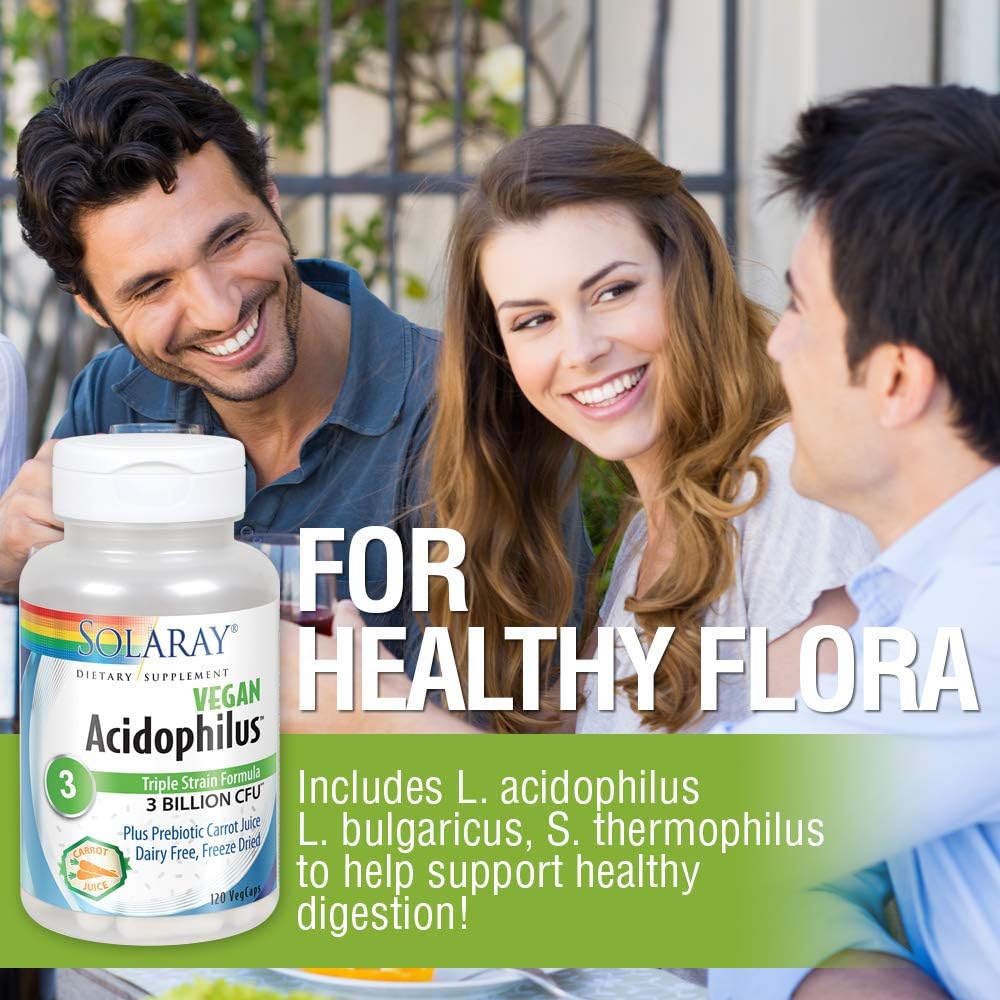 SOLARAY Acidophilus 3 Strain Probiotic &amp; Prebiotic Carrot Juice | 3 Billion CFU, Vegan &amp; Freeze Dried | 120 VegCaps