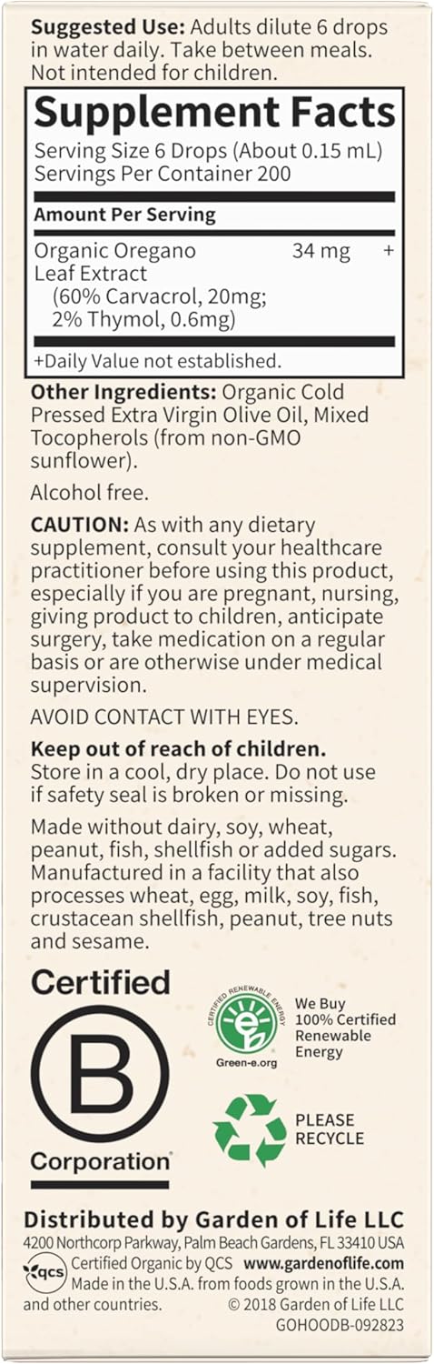 Garden of Life Organics Oil of Oregano Seasonal Drops 1fl oz (30 mL) Liquid, Concentrated Plant Based Immune Support - Alcohol-Free, Organic, Non-GMO, Vegan &amp; Gluten Free Herbal Supplements