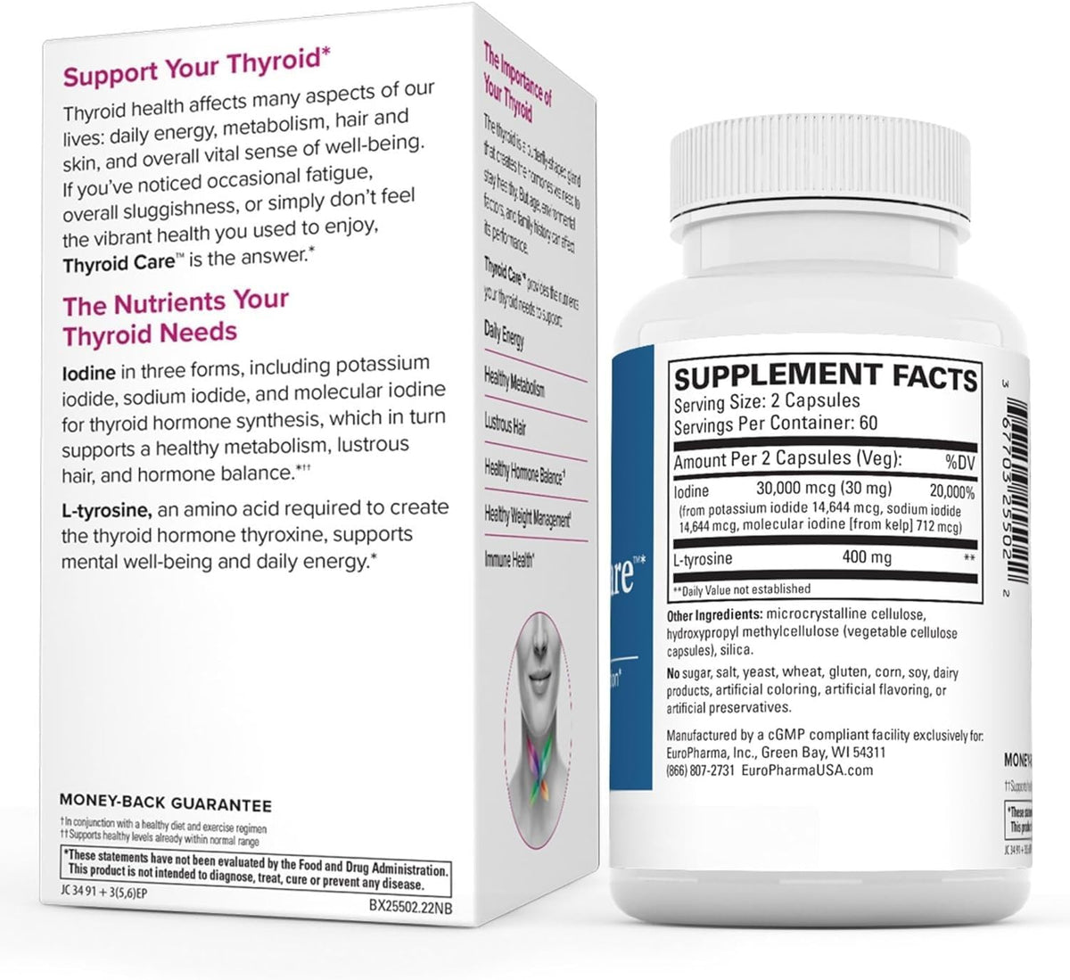 Terry Naturally Thyroid Care - Immune Health &amp; Energy Support Formula - Nutritional Supplement with Iodine for Thyroid Health Support - Wellness Supplement with L-Tyrosine - 120 Capsules