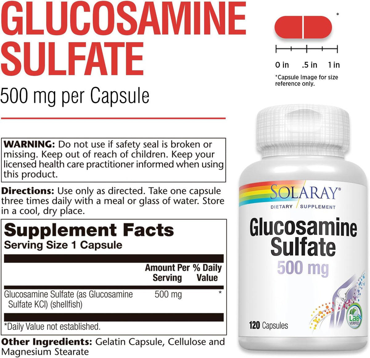 SOLARAY Glucosamine Sulfate 500 mg | Healthy Joint Flexibility &amp; Resiliency Support (60 Serv, 120 CT)