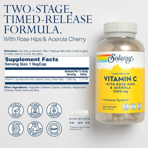 SOLARAY Vitamin C 1000 mg - High-Potency, All-Day Immunity, Blood Vessel Health and Collagen Synthesis Support - Vegan, Timed Release, 60-Day Guarantee - 250 Servings, 250 Vitamin C Capsules