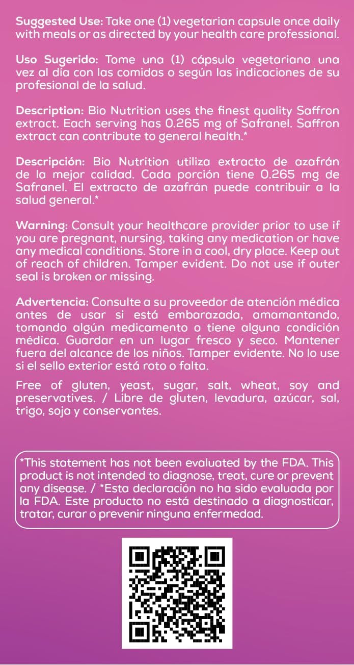 Bio Nutrition Standardized Saffron Vegi-Caps, 50 Count