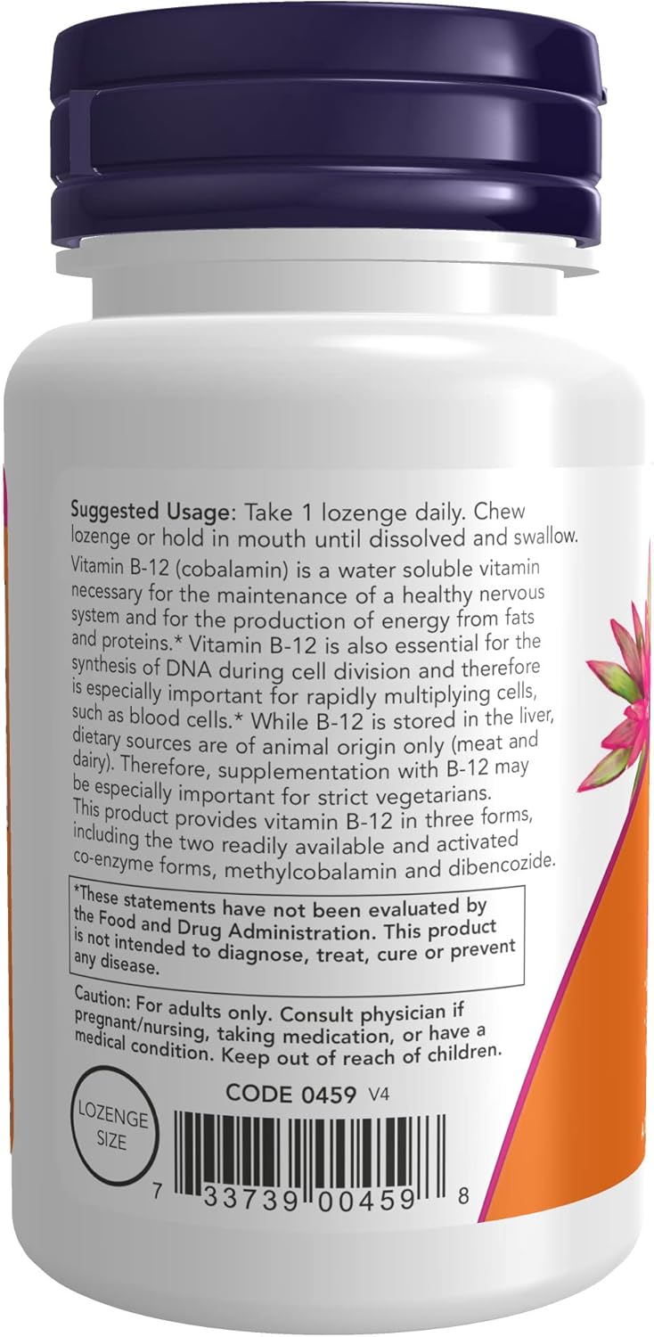 NOW Foods Supplements, B-12 2,000 mcg, Energy Production*, Nervous System Health*, 100 Lozenges