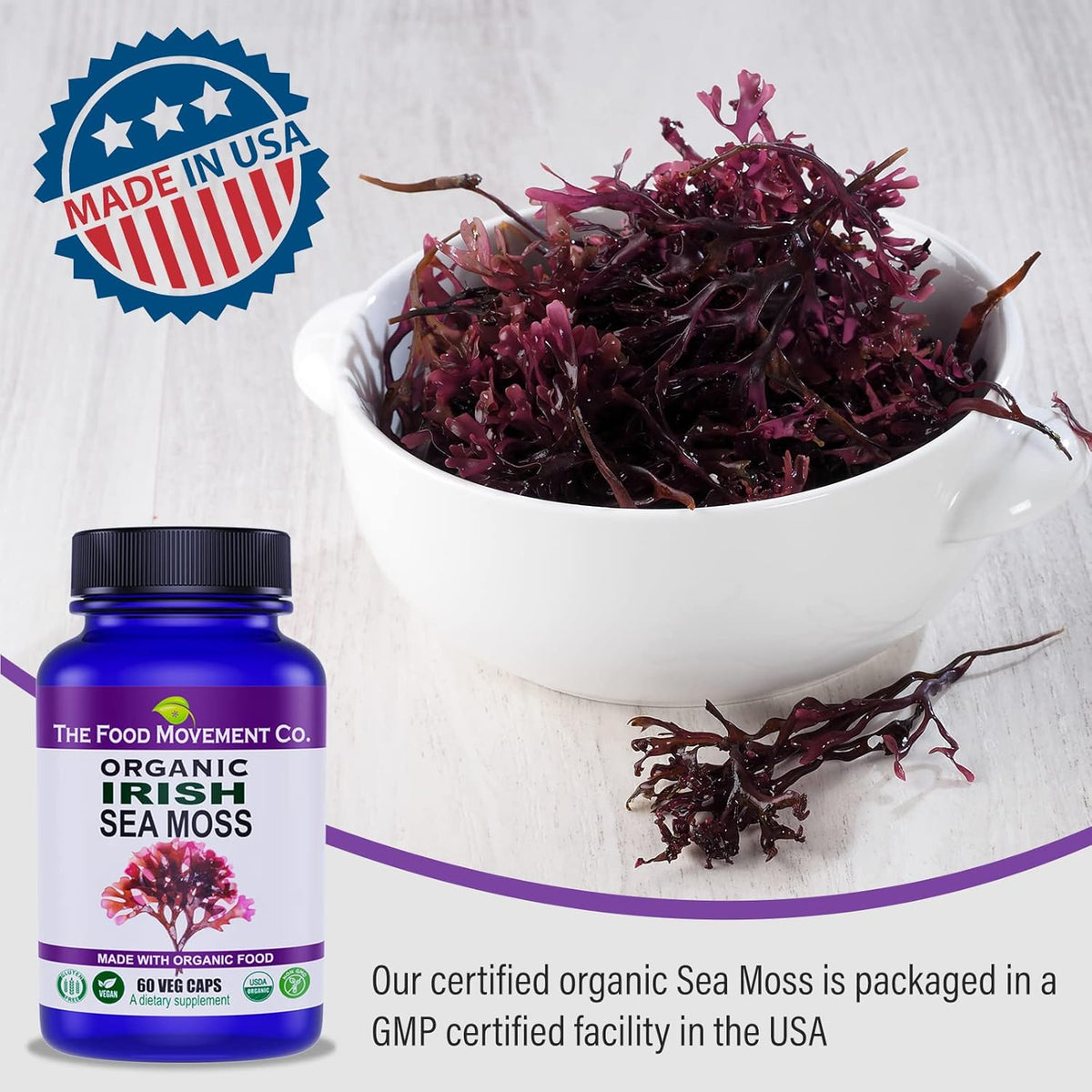 Irish Sea Moss, Organic Prebiotic Food, Over 70 Trace Minerals, Supports Healthy Elimination, Digestion and Immune Support (60)