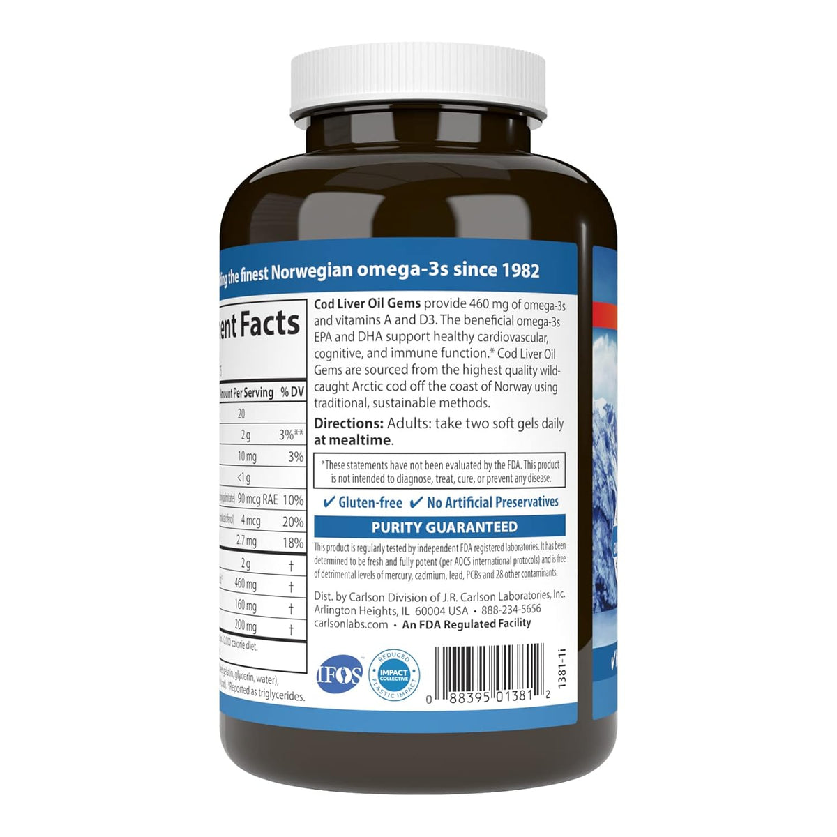 Carlson - Cod Liver Oil Gems, 460 mg Omega-3s, Plus Vitamins A and D3, Wild Caught Norwegian Arctic Cod Liver Oil, Sustainably Sourced Nordic Fish Oil Capsules, Lemon, 150 Softgels