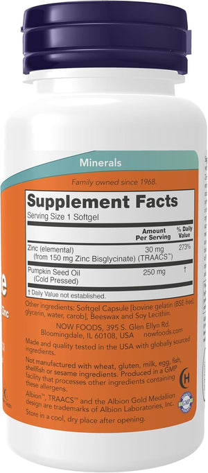 NOW Foods Supplements, Zinc Glycinate with 250 mg Pumpkin Seed Oil, Supports Prostate Health*, 120 Softgels