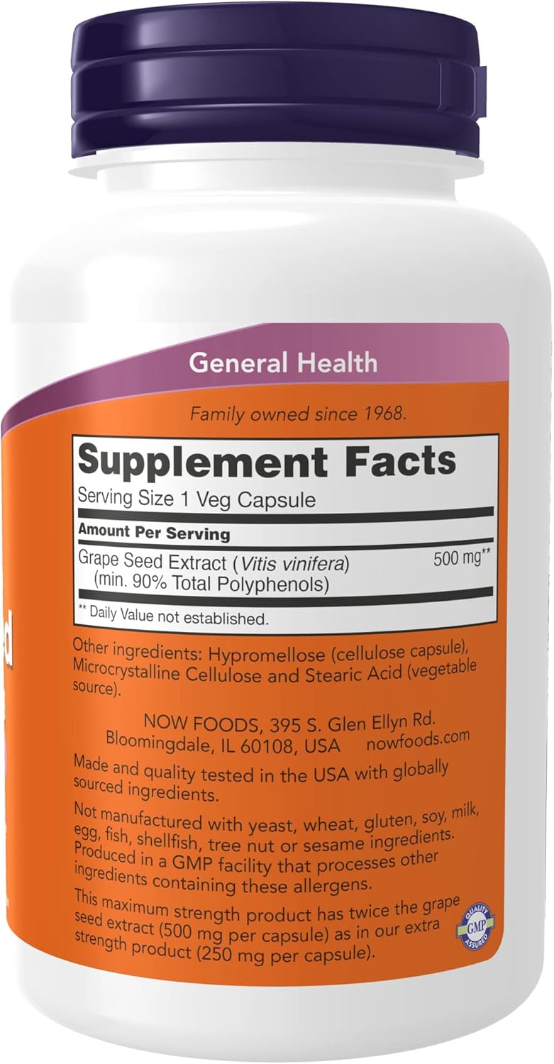 NOW Supplements, Grape Seed Extract, Maximum Strength 500 mg (a Highly Concentrated Extract with a Minimum of 90% Polyphenols), 90 Veg Capsules, Red/Brown, 0.25 pounds