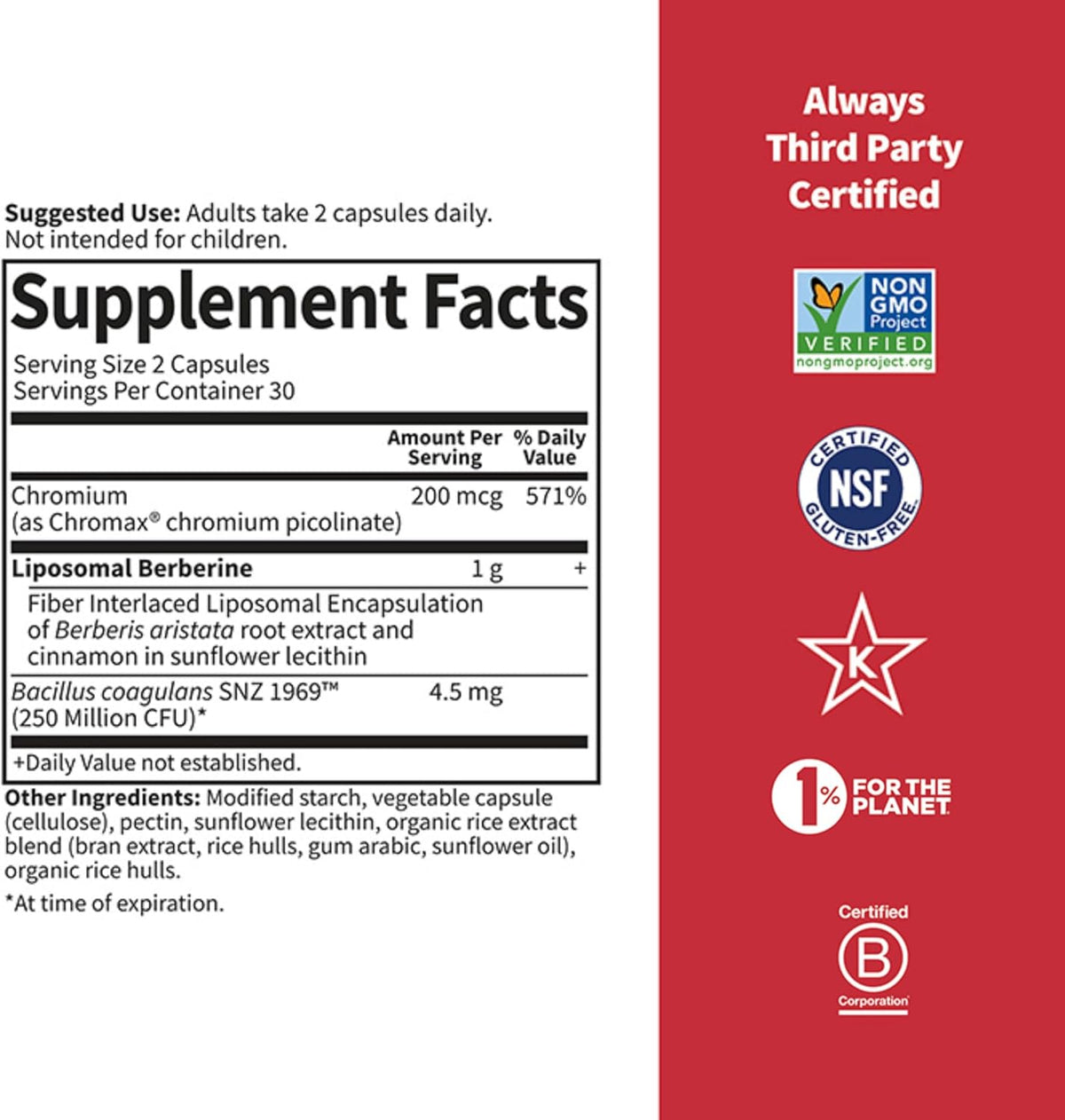 Garden of Life Liposomal Berberine and Chromium Picolinate for Already Healthy Blood Sugar, Glucose Metabolism and Cholesterol—Probiotics for Easy Digestion—Non GMO, Gluten Free, Kosher, 30 Servings