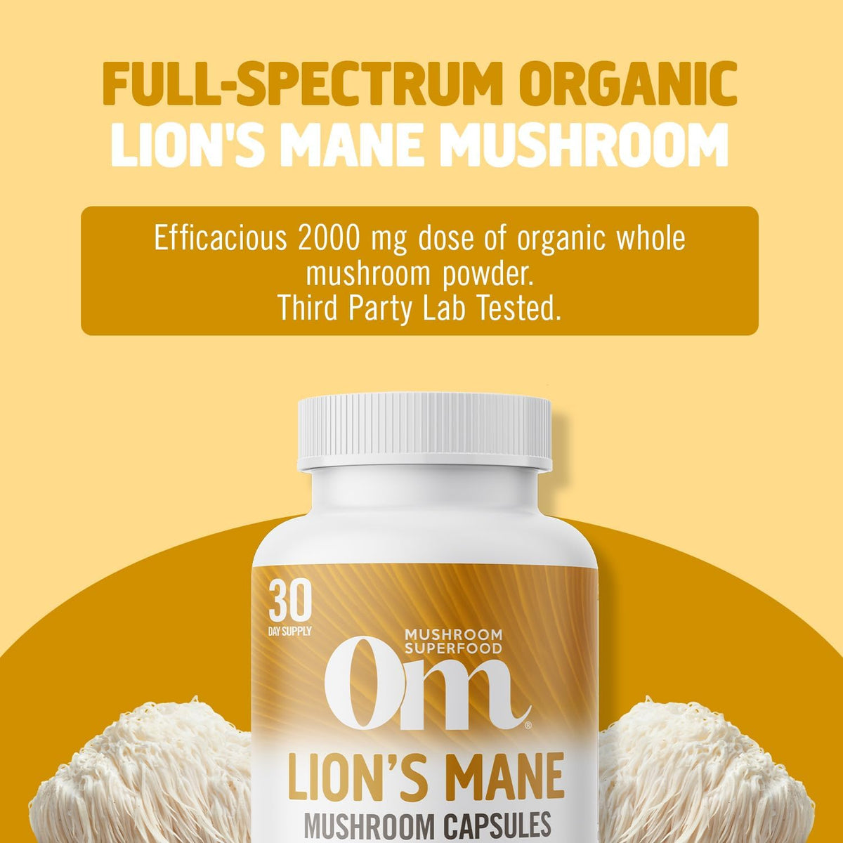 OM MUSHROOM SUPERFOOD Lion's Mane Mushroom Capsules Superfood Supplement, 90 Count, 30 Day Supply, Fruit Body and Mycelium Nootropic for Memory, Focus, Nerve Health and Immune Support