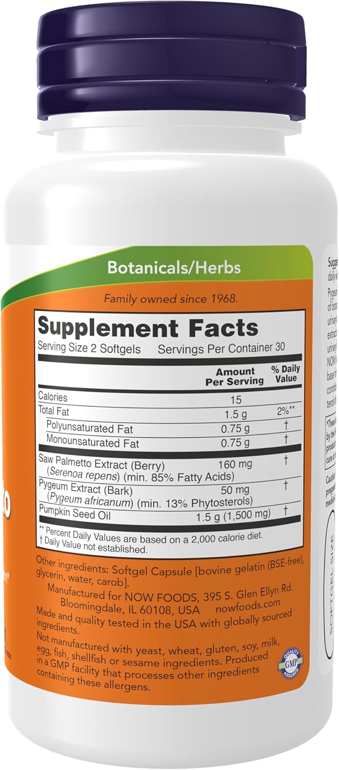 NOW Foods Supplements, Pygeum &amp; Saw Palmetto with Pumpkin Seed Oil, Men&#39;s Health*, 60 Softgels
