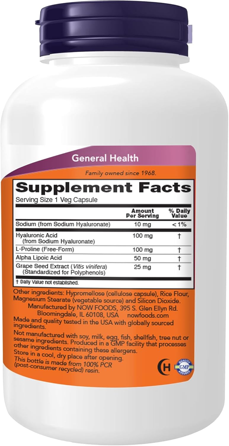 NOW Foods Supplements, Hyaluronic Acid 100 mg, Double Strength with L-Proline, Alpha Lipoic Acid and Grape Seed Extract, 180 Veg Capsules