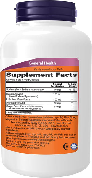 NOW Foods Supplements, Hyaluronic Acid 100 mg, Double Strength with L-Proline, Alpha Lipoic Acid and Grape Seed Extract, 180 Veg Capsules