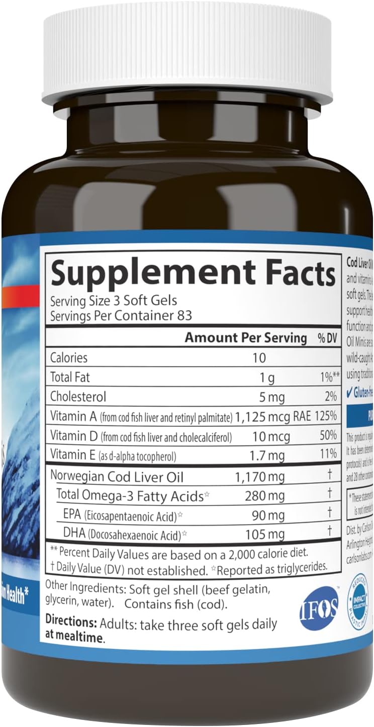 Carlson - Cod Liver Oil Minis, 280 mg Omega-3s + Vitamins A &amp; D3, Heart Support &amp; Cognitive Function, Vision Health, 250 Mini Soft Gels