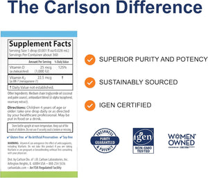 Carlson - Kid's Super Daily D3+K2, 25 mcg (1,000 IU) D3 & 22.5 mcg K2, Vitamin D Drops with Vitamin K2, Liquid Vitamins, 1000 IU Vitamin D3, Heart & Bone Health, 1-Year Supply, Unflavored, 360 Drops