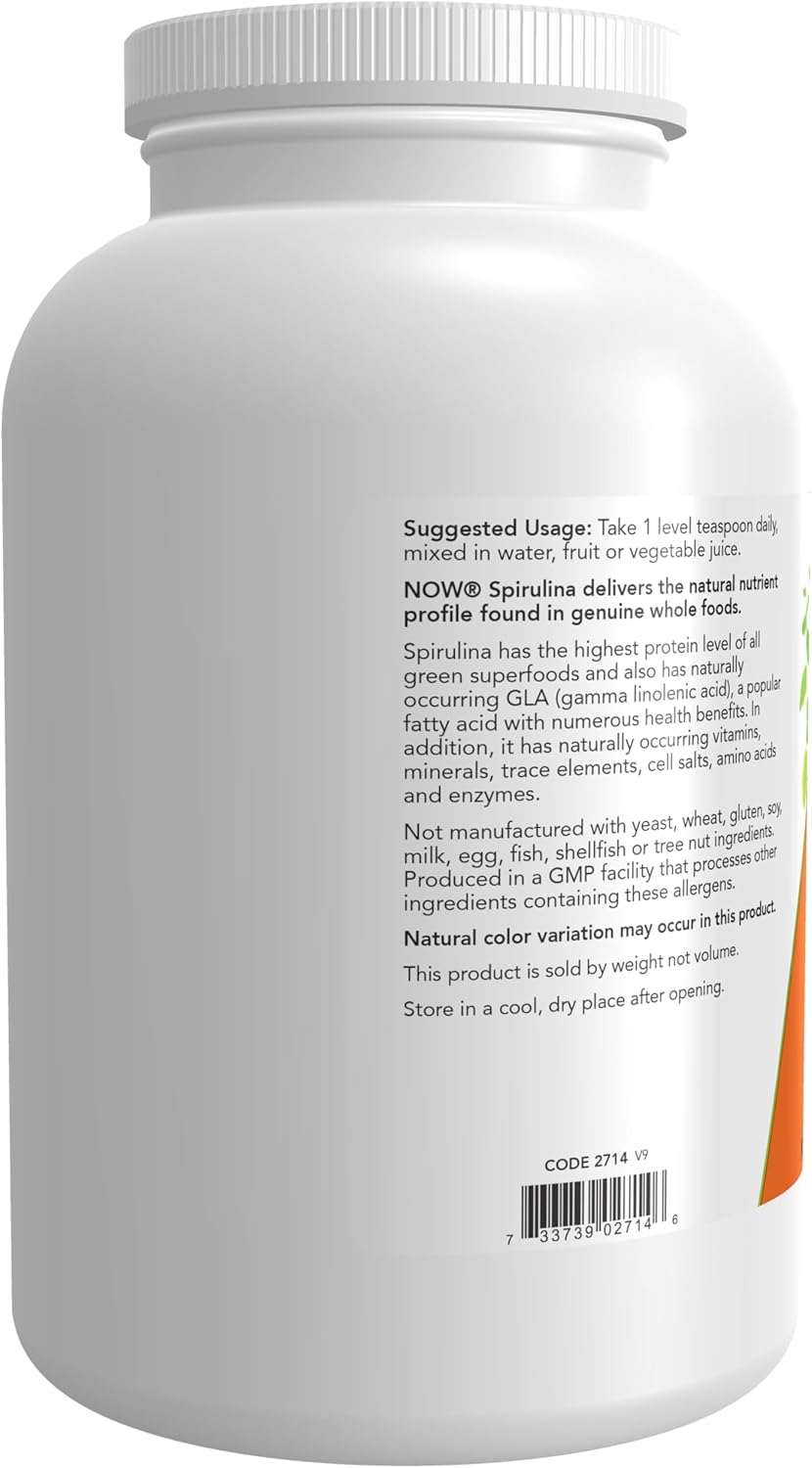 NOW Foods Supplements, Certified Organic, Spirulina Powder, Rich in Beta-Carotene (Vitamin A) and B-12 with naturally occurring GLA &amp; Chlorophyll, 1-Pound