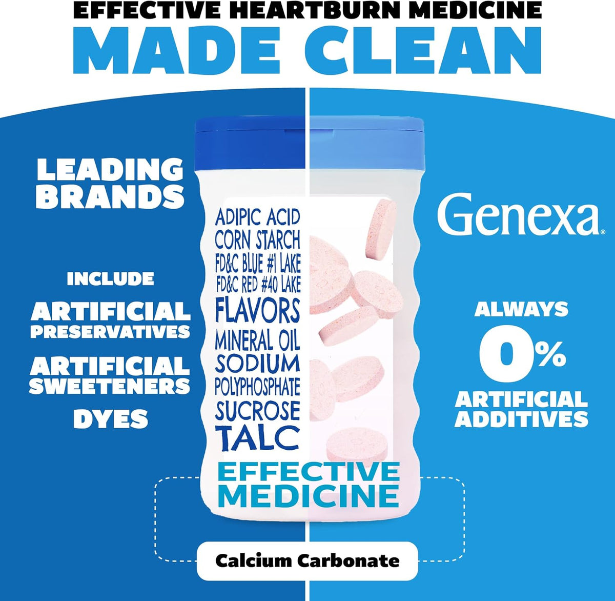 Genexa Clean Antacid Maximum Strength Chewable Tablets, Dye Free, 0% Artificial Additives, Calcium Carbonate Relief for Heartburn, Acid Indigestion, &amp; Upset Stomach, Organic Berry Flavor, 72 ct