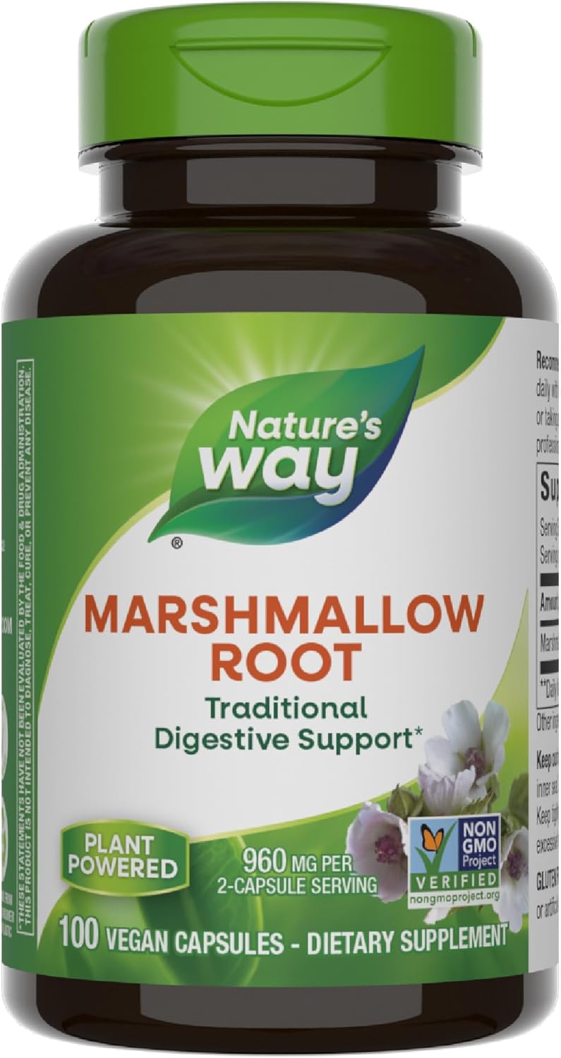 Nature's Way Marshmallow Root, Traditionally Used to Soothe Digestion*, Non-GMO Project Verified, Vegan, 100 Capsules