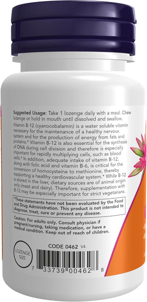NOW Foods Supplements, Vitamin B-12 5,000 mcg, With Folic Acid, Nervous System Health*, 60 Lozenges