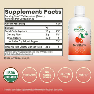 Dynamic Health Organic Tart Cherry Juice, Unsweetened 100% Juice Concentrate, Antioxidants Supplement, No Sweeteners or Additives, Vegan, Gluten Free, BPA Free, 32 oz