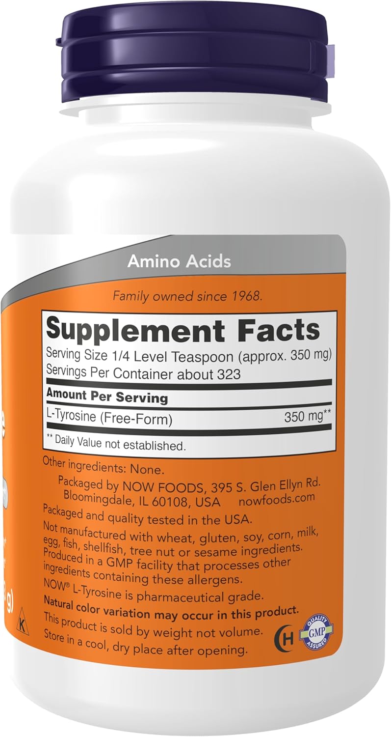 NOW Foods Supplements, L-Tyrosine Powder, Free-Form, Neurotransmitter Support*, Amino Acid, 4-Ounce