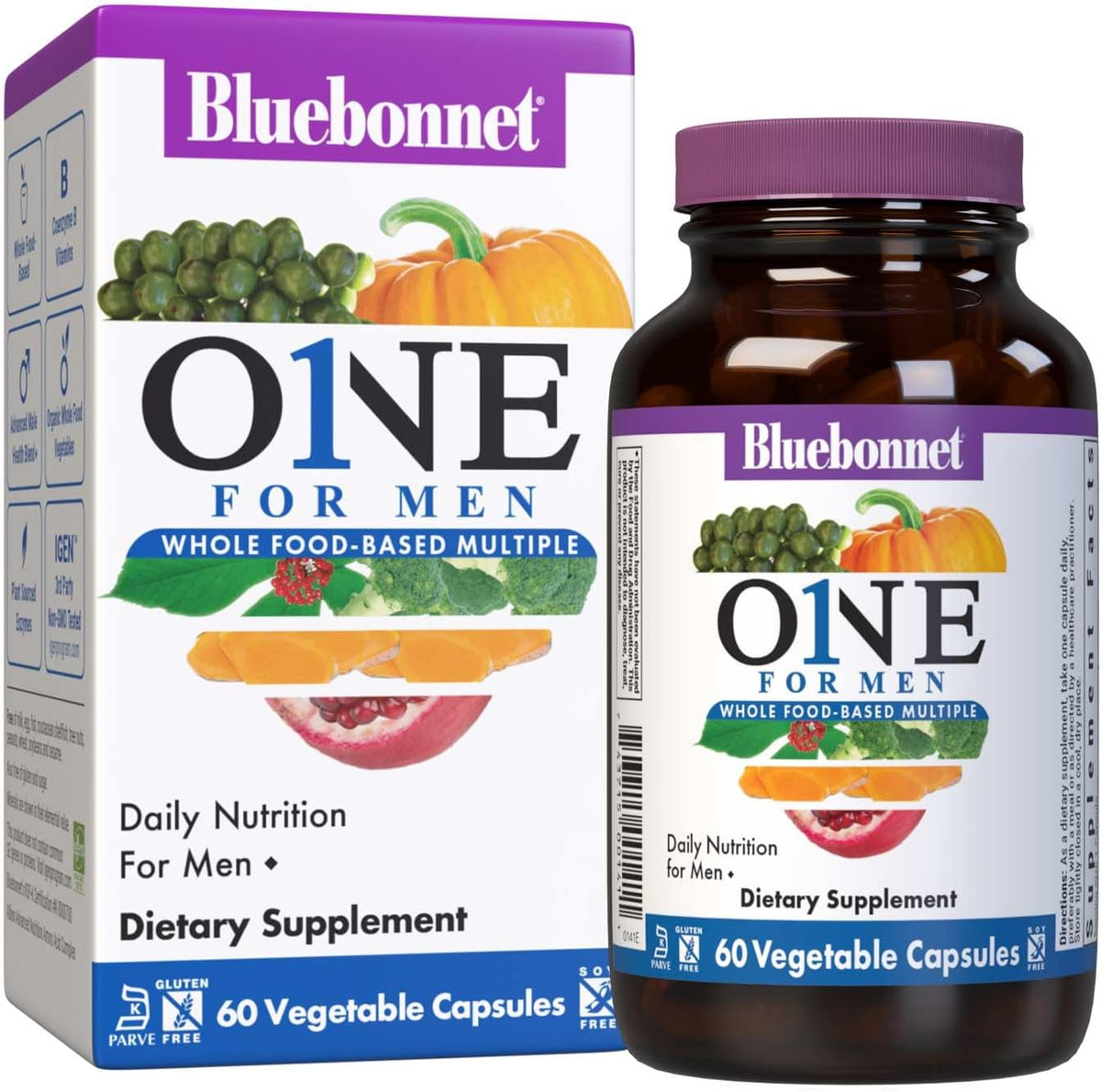 Bluebonnet Nutrition One for Men Whole Food-Based Multiple, Daily Nutrition*, Non-GMO, Vegetarian Friendly, Kosher, Gluten-Free, Soy-Free, Dairy-Free, Iron Free, 60 Vegetable Capsules, 60 Servings