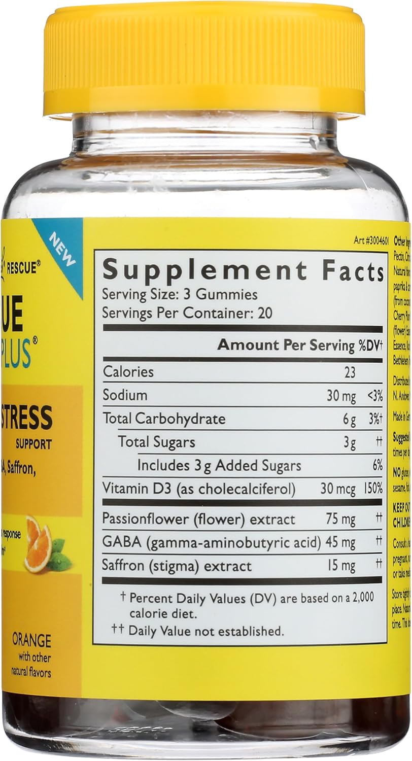RESCUE Bach Plus Mood &amp; Stress Support Gummies, Daytime Dietary Supplement with Passionflower, GABA, Saffron &amp; Vitamin D, Natural Orange Flavor, Vegan &amp; Gluten-Free, 60 Count