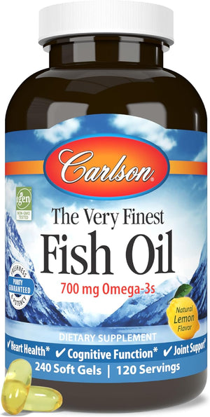 Carlson - The Very Finest Fish Oil, 700 mg Omega-3s, Norwegian Fish Oil Supplement, Wild Caught Omega-3 Fish Oil, Sustainably Sourced Fish Oil Capsules, Omega 3 Supplement, Lemon, 240 Softgels