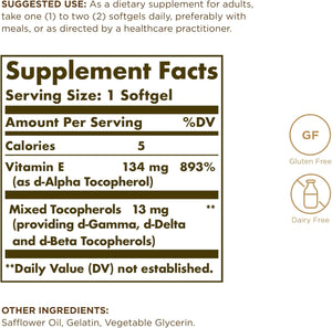 Solgar Vitamin E 200 IU - 100 Softgels - Natural Antioxidant, Immune System Support - Gluten Free, Dairy Free - 100 Servings