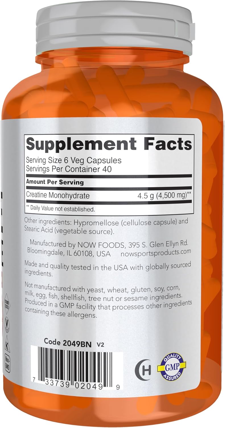 NOW Foods Sports Nutrition, Creatine Monohydrate 750 mg, Mass Building*/Energy Production*, 240 Veg Capsules