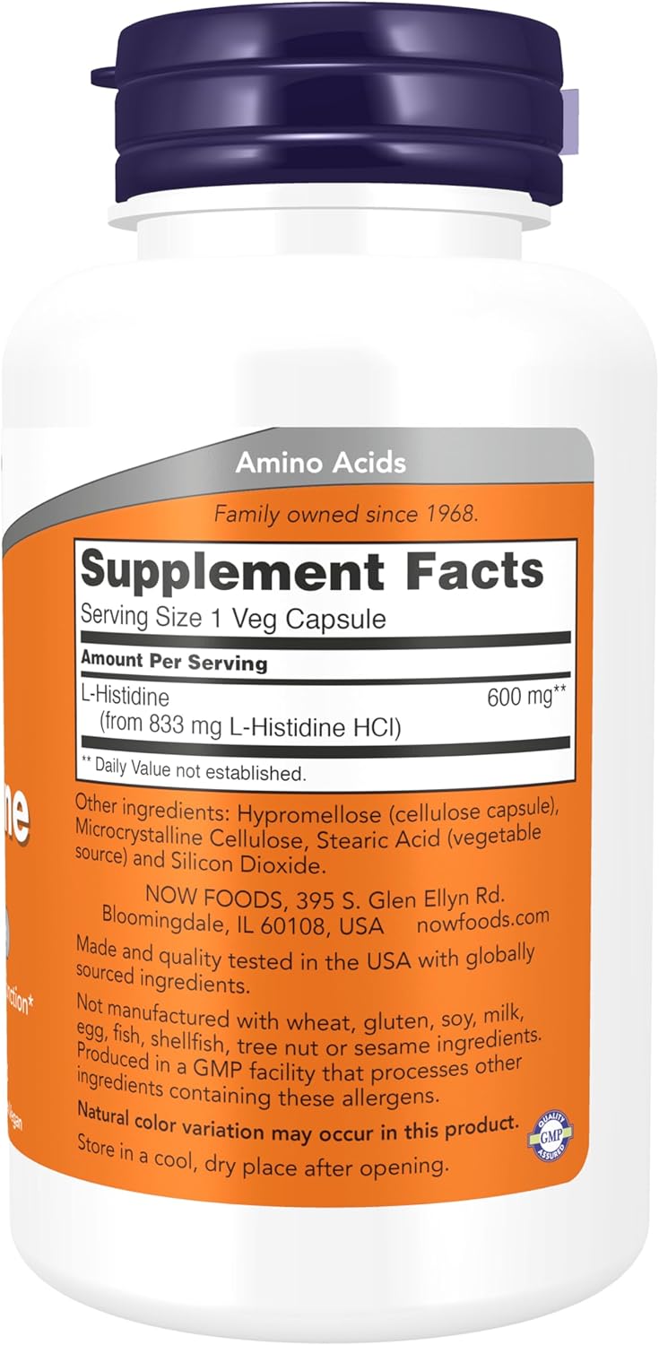 NOW Supplements, L-Histidine 600 mg, Essential Amino Acid, Critical for Normal Brain Function*, Immune System Support*, 60 Veg Capsules