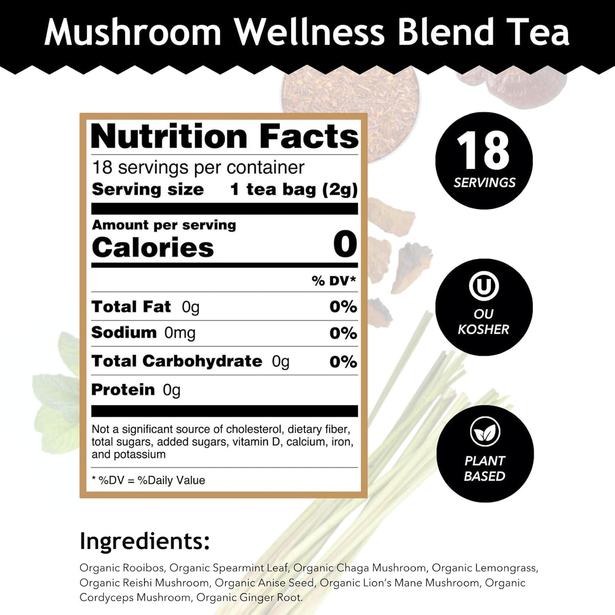 Buddha Teas - Organic Mushroom Wellness Blend - Herbal Tea - For Health &amp; Wellbeing - With Antioxidants &amp; Minerals - Clean Ingredients - Caffeine Free - OU Kosher &amp; Non-GMO - 18 Tea Bags